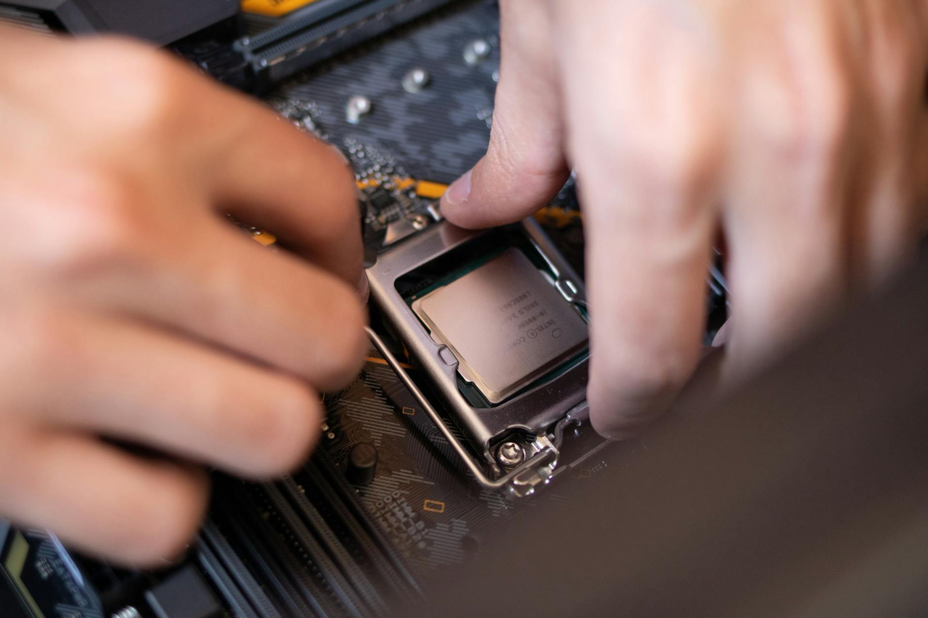 Close-up view of modern computer processors and CPU components on motherboard