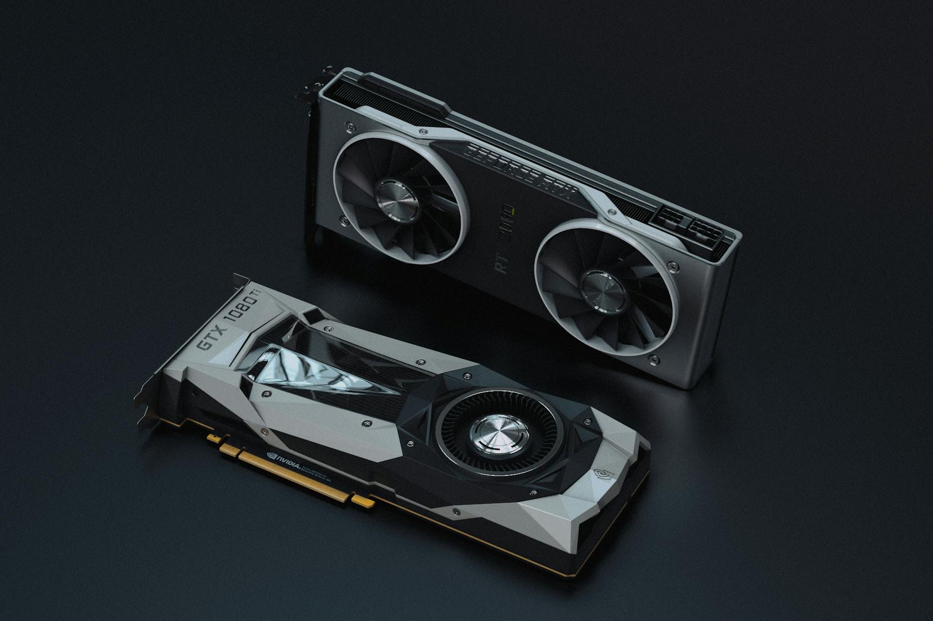 Modern graphics card installed in gaming computer showing RGB lighting and cooling fans