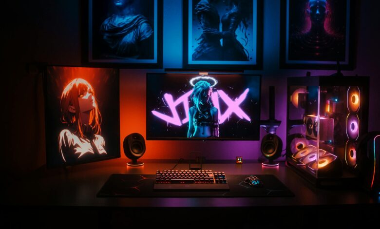 Professional gaming setup with fighting game controller and monitor displaying competitive match