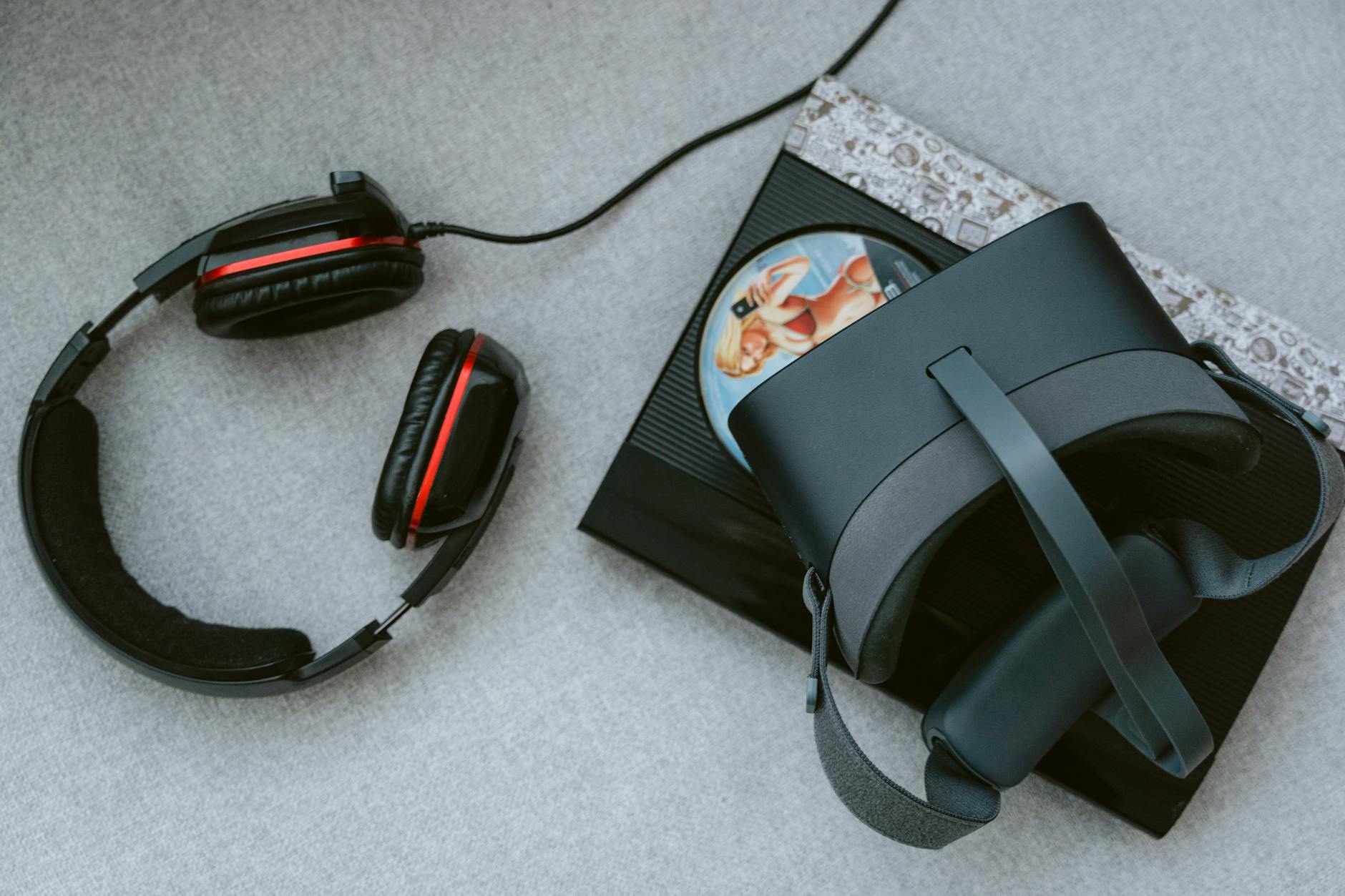 Person wearing virtual reality headset while gaming