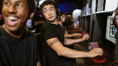 Professional esports arena with gaming stations and screens