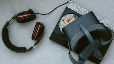 Modern gaming headset with microphone on desk setup