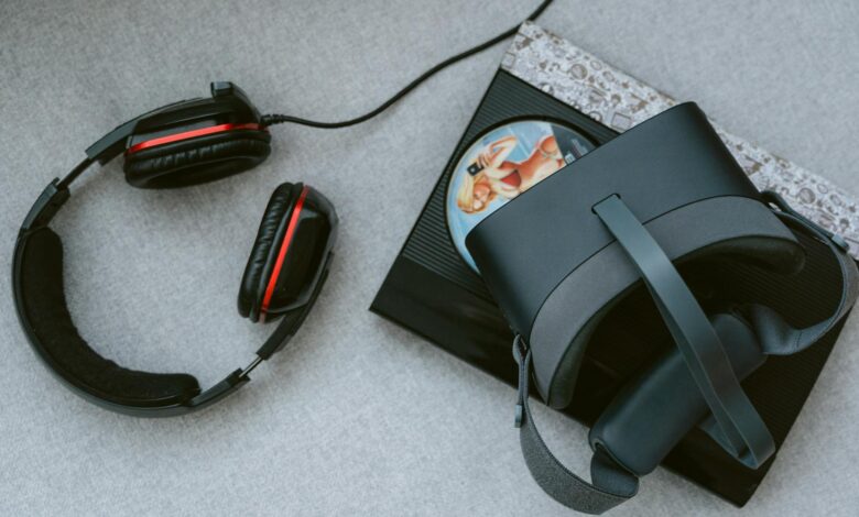 Modern gaming headset with microphone on desk setup