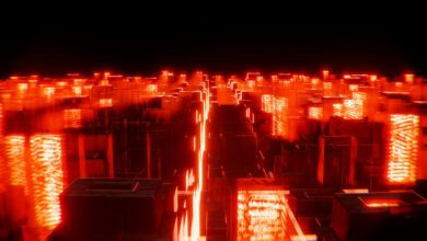 Neon-lit cyberpunk city skyline representing Night City's technological aesthetic