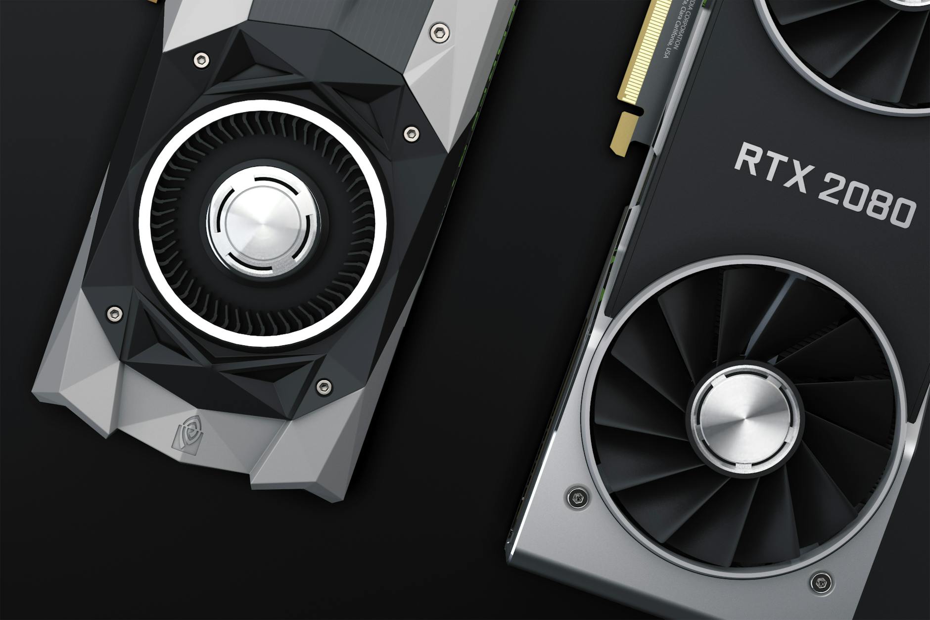 Close-up view of a modern graphics card with cooling fans and RGB lighting