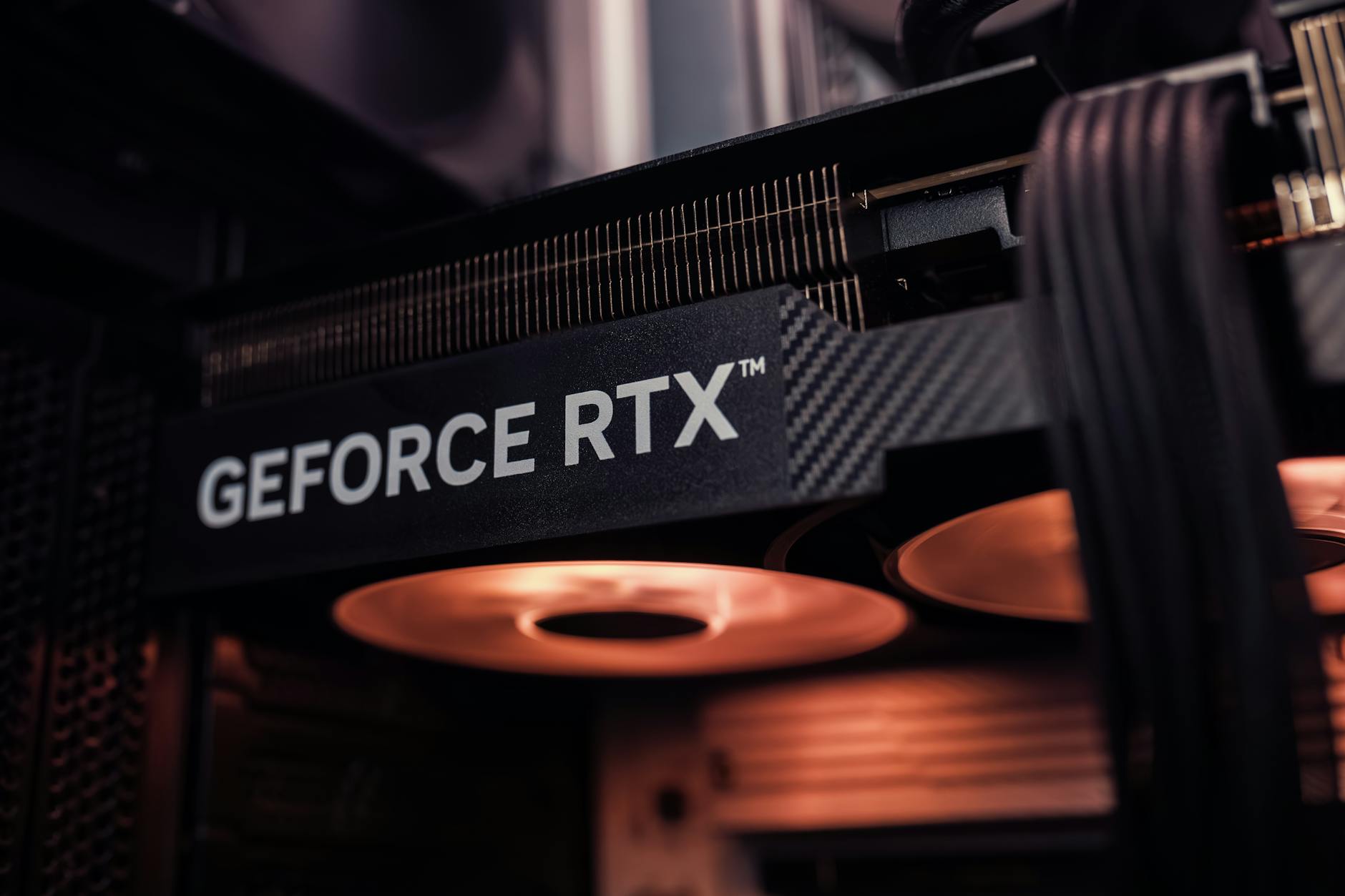 Close-up view of a modern graphics card installed in a gaming PC