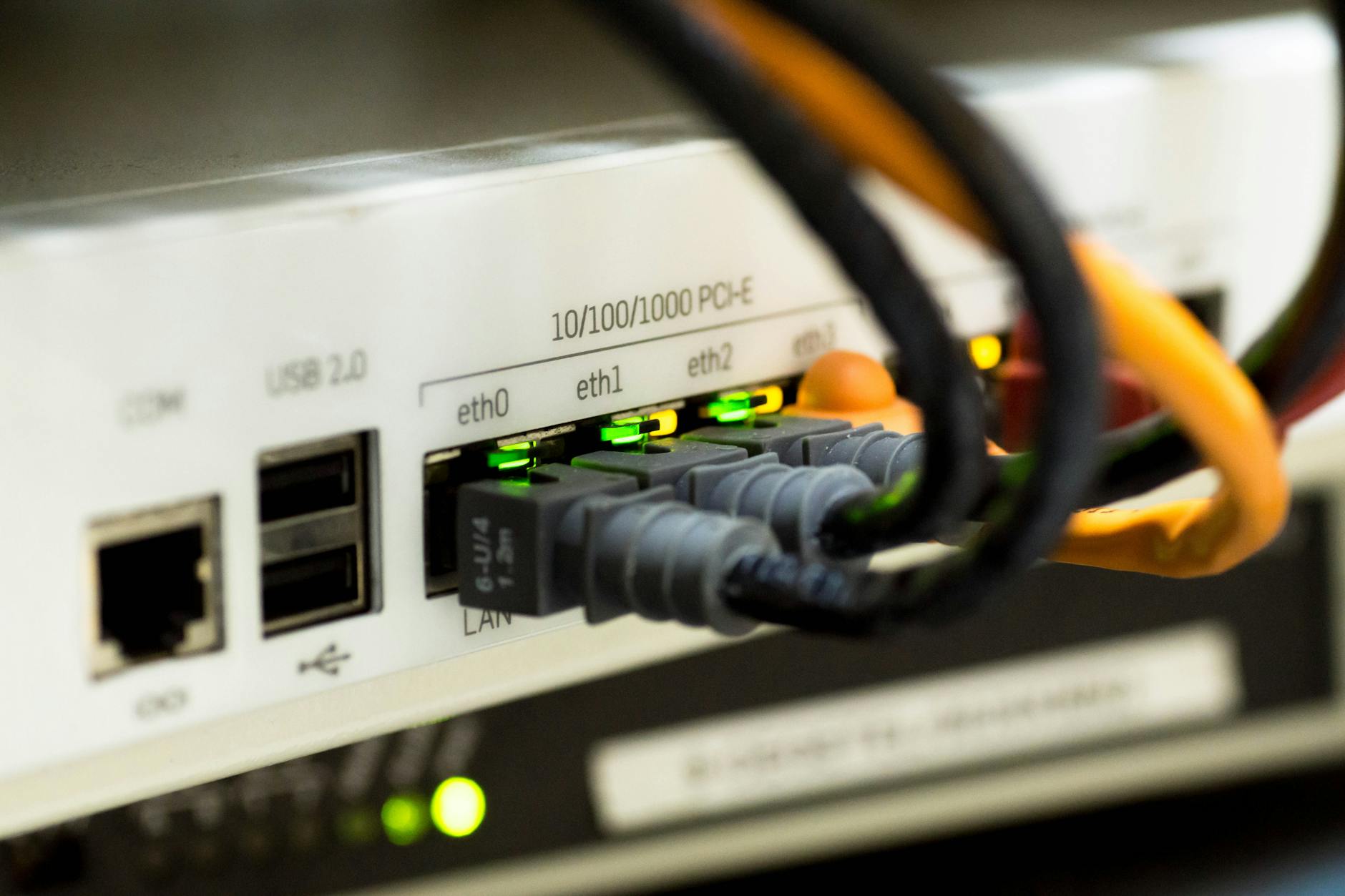 Wireless router with LED indicators showing active network connection