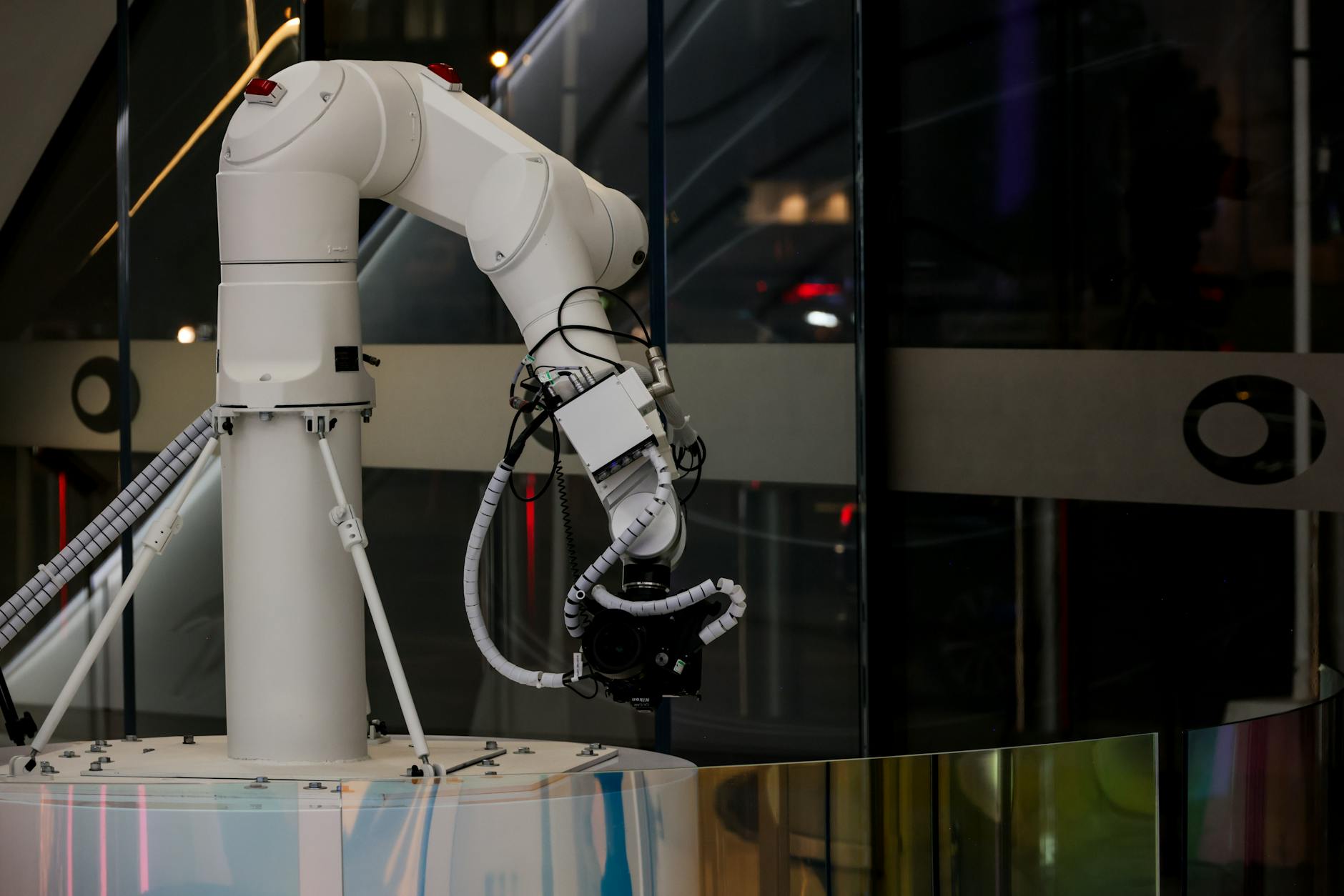 Futuristic mechanical robot companion with glowing blue lights and metallic armor plating