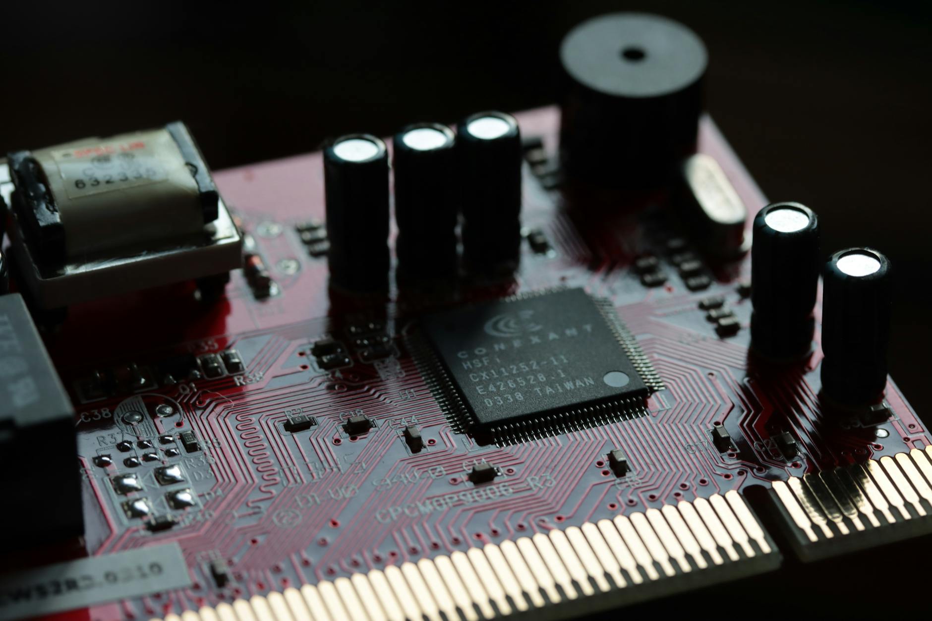 Close-up view of advanced computer circuit board with microprocessors and electronic components