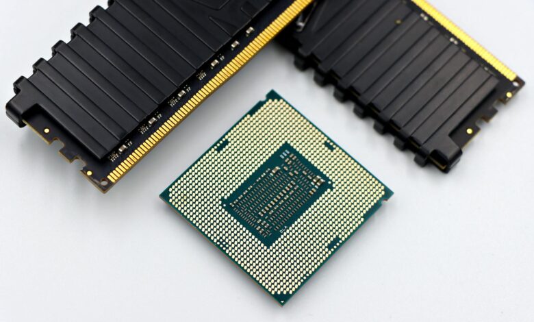 Close-up of a modern desktop CPU processor on a motherboard socket