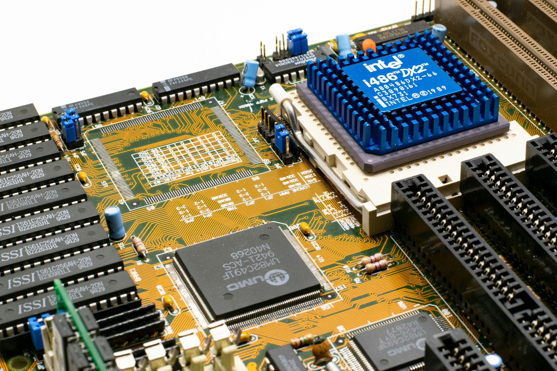 Close-up of a modern laptop processor chip on a circuit board