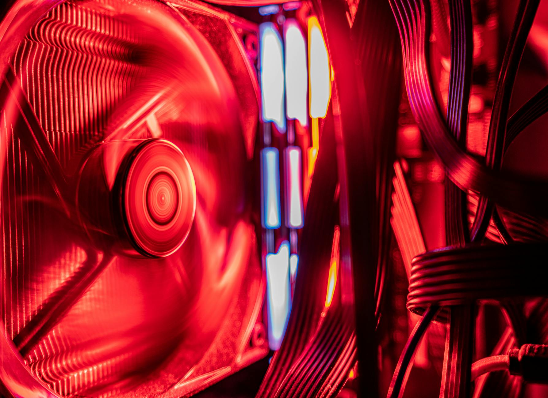 Interior view of a gaming PC build showing GPU and cooling components