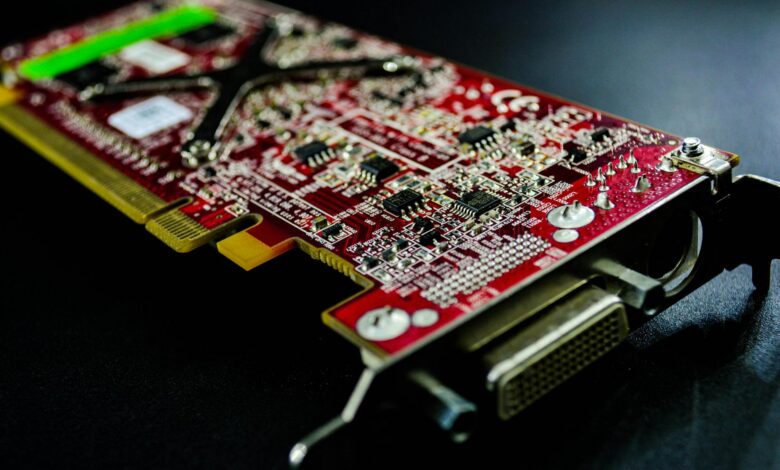 Close-up of a discrete graphics card with visible cooling fans and PCIe connectors