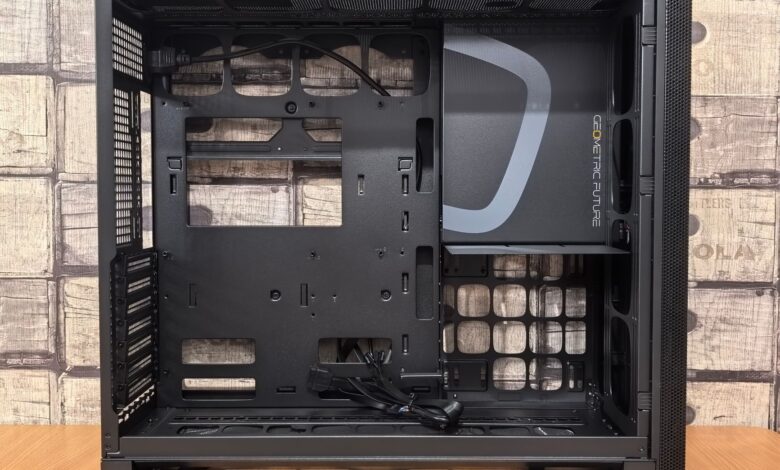 Interior view of a mid-tower PC case showing fan placement and cable management