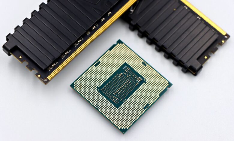 Close-up of a desktop CPU processor on a motherboard