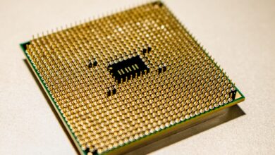 Close-up of an AMD desktop processor seated in a motherboard socket