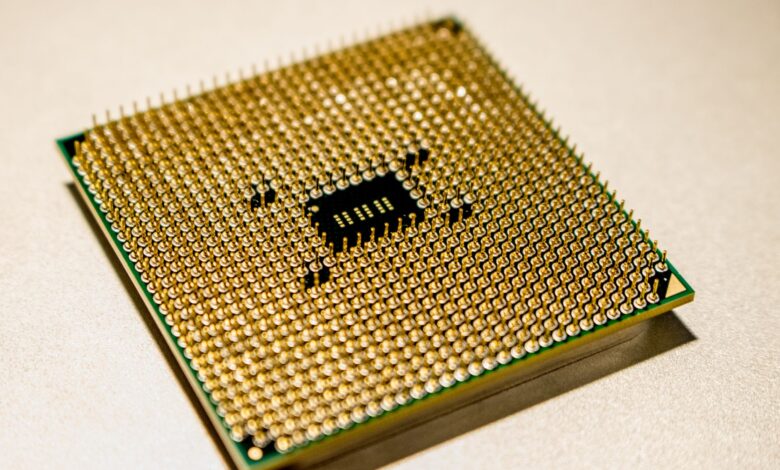 Close-up of an AMD desktop processor seated in a motherboard socket