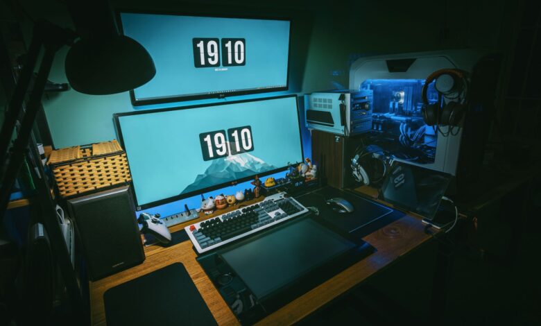 A high-resolution gaming monitor on a clean desk setup showing a vivid game scene