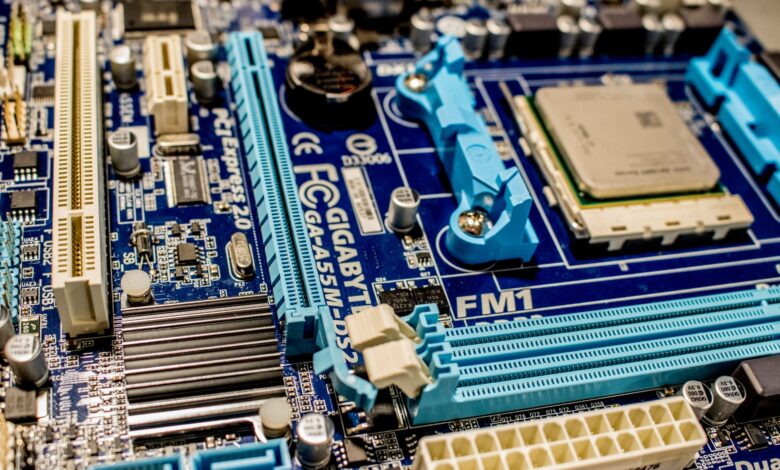 Close-up of a modern PC motherboard with M.2 SSD slot and CPU socket
