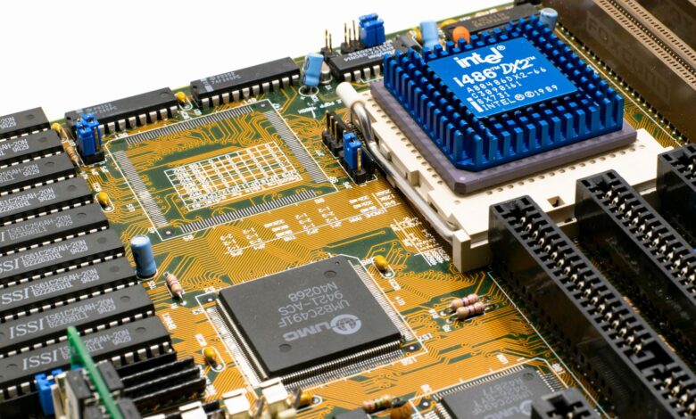 Close-up of a modern desktop CPU processor chip on a motherboard
