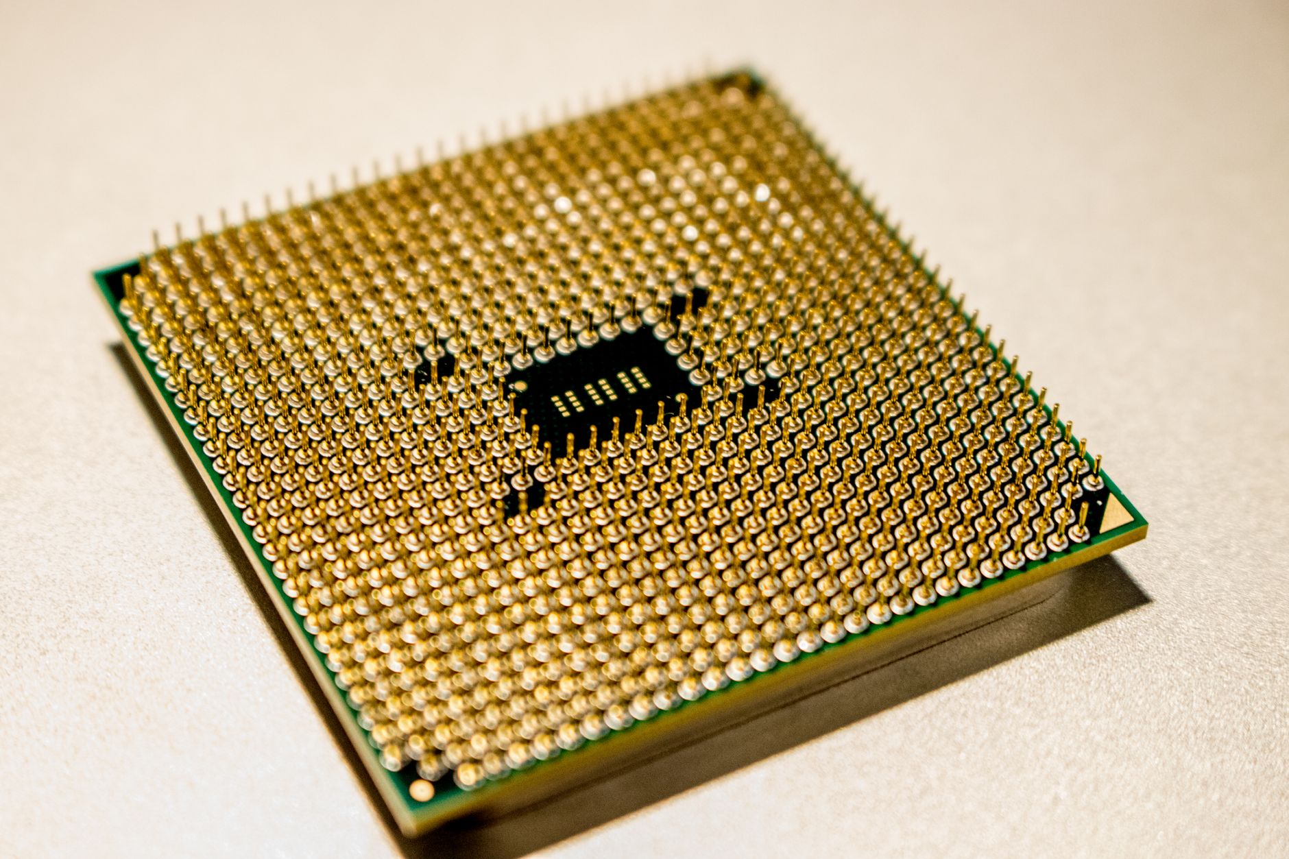 Close-up of a modern desktop CPU installed in a motherboard socket